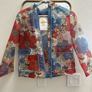 Mini Boden Floral Hooded Rain Jacket with Blue Accents